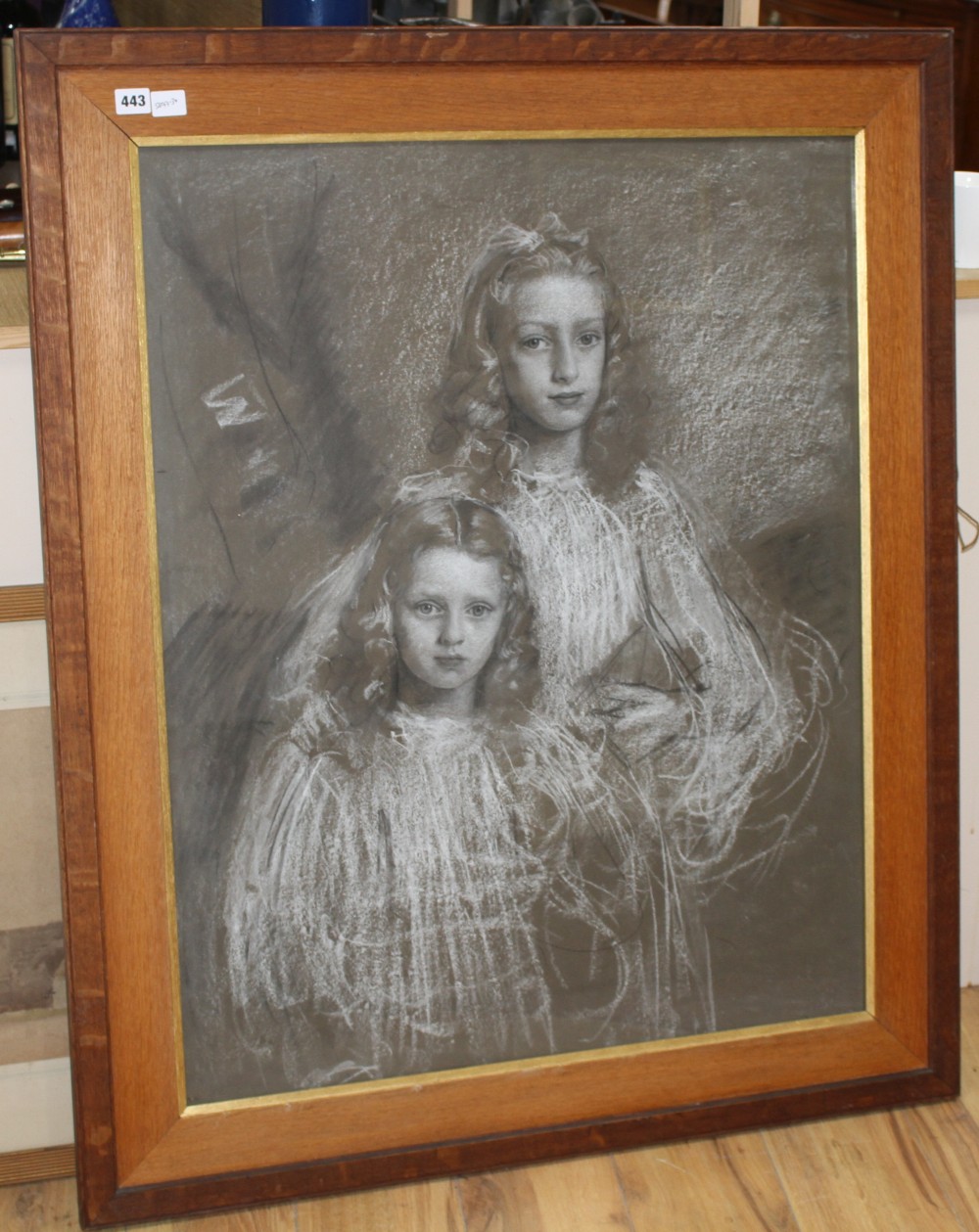 Circle of Fulop Elek Laszlo (1869-1937), charcoal and chalk on grey paper, Preparatory sketch for a double portrait of two sisters, 89